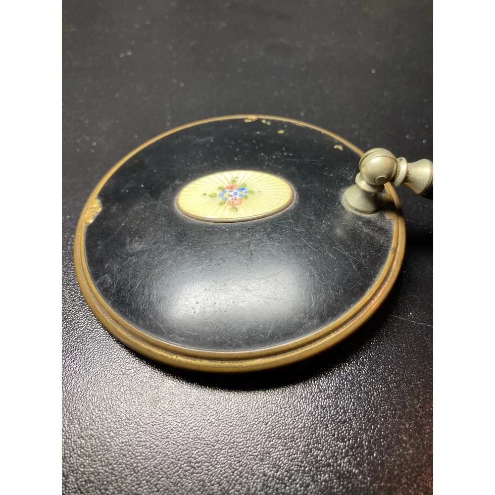 Vintage Guilloche Enamel Hand‎ Mirror Floral Brass Black Vanity Dresser Mirror